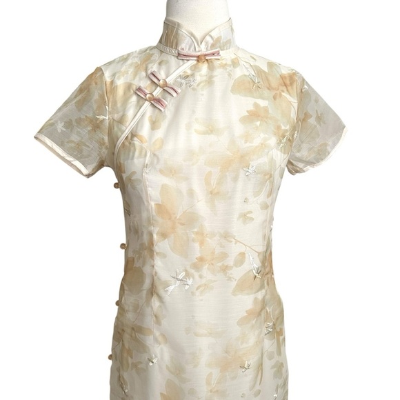 YUFEI Traditional Chinese Cheongsam Dress Pale Yellow Organza MIDI Embroidered M - Picture 2 of 15